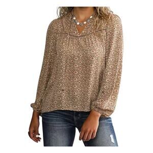 Sterling & Stitch Womens Floral Print Split Neck Elastic Cuff Top Size XL